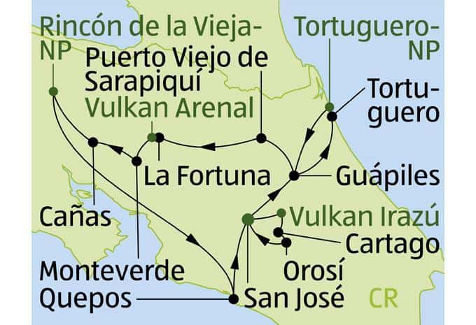Costa Rica Rundreise Route