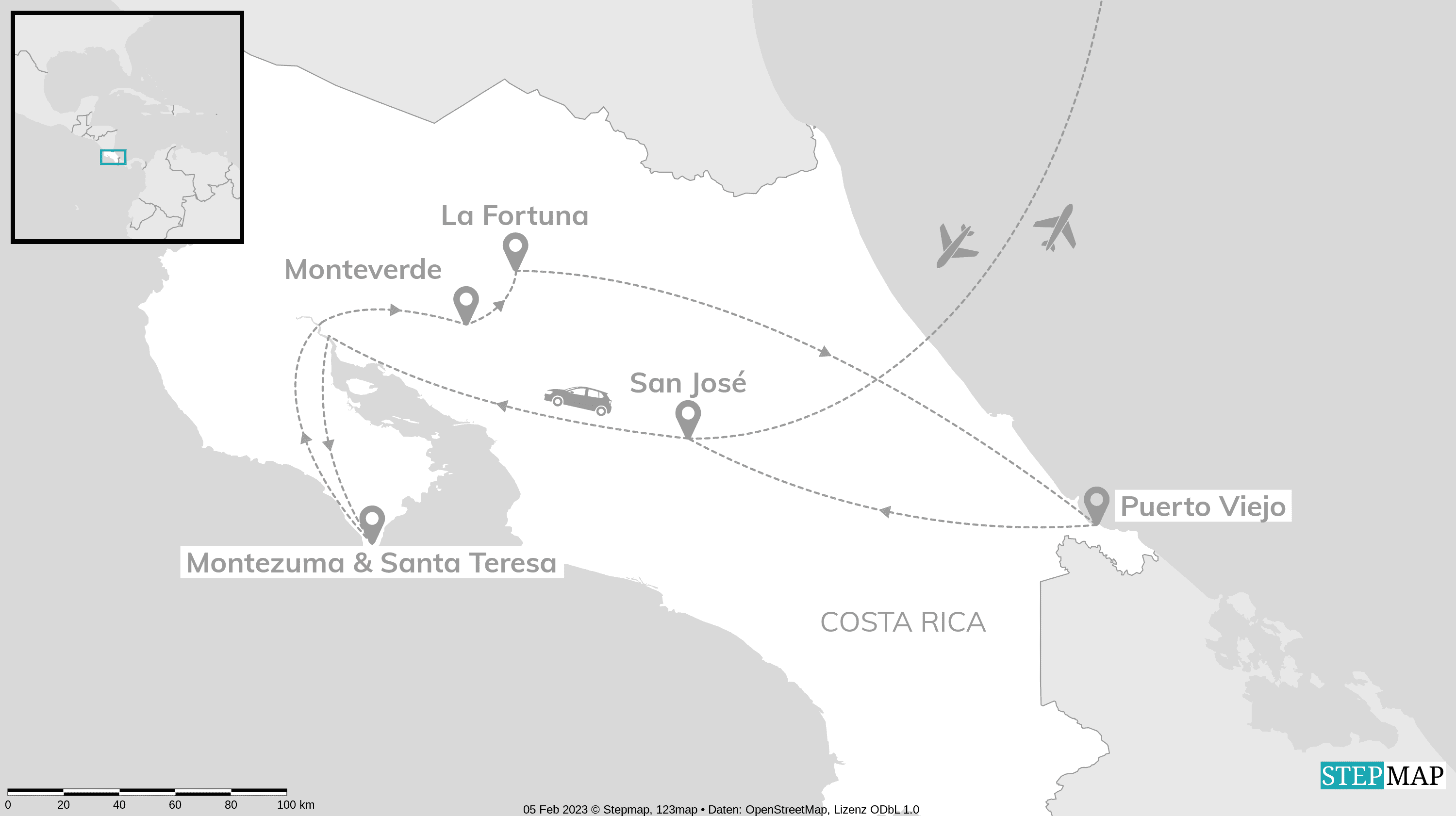 Costa Rica Rundreise Route