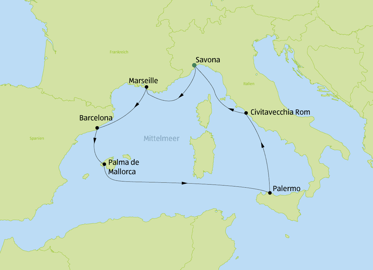 Westliches Mittelmeer Kreuzfahrt Route